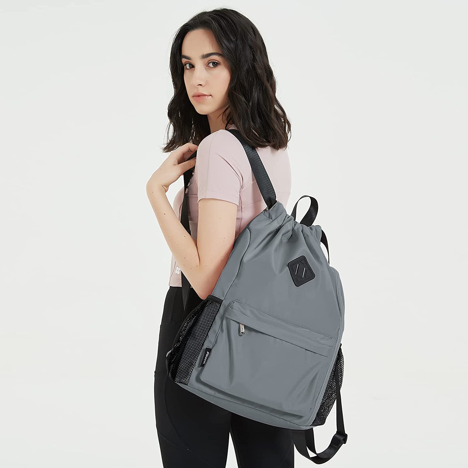 WANDF Drawstring Backpack Sports Gym Bag with Shoes Compartment， Water-Resistant String Backpack Cinch for Women Men(Large，Grey)