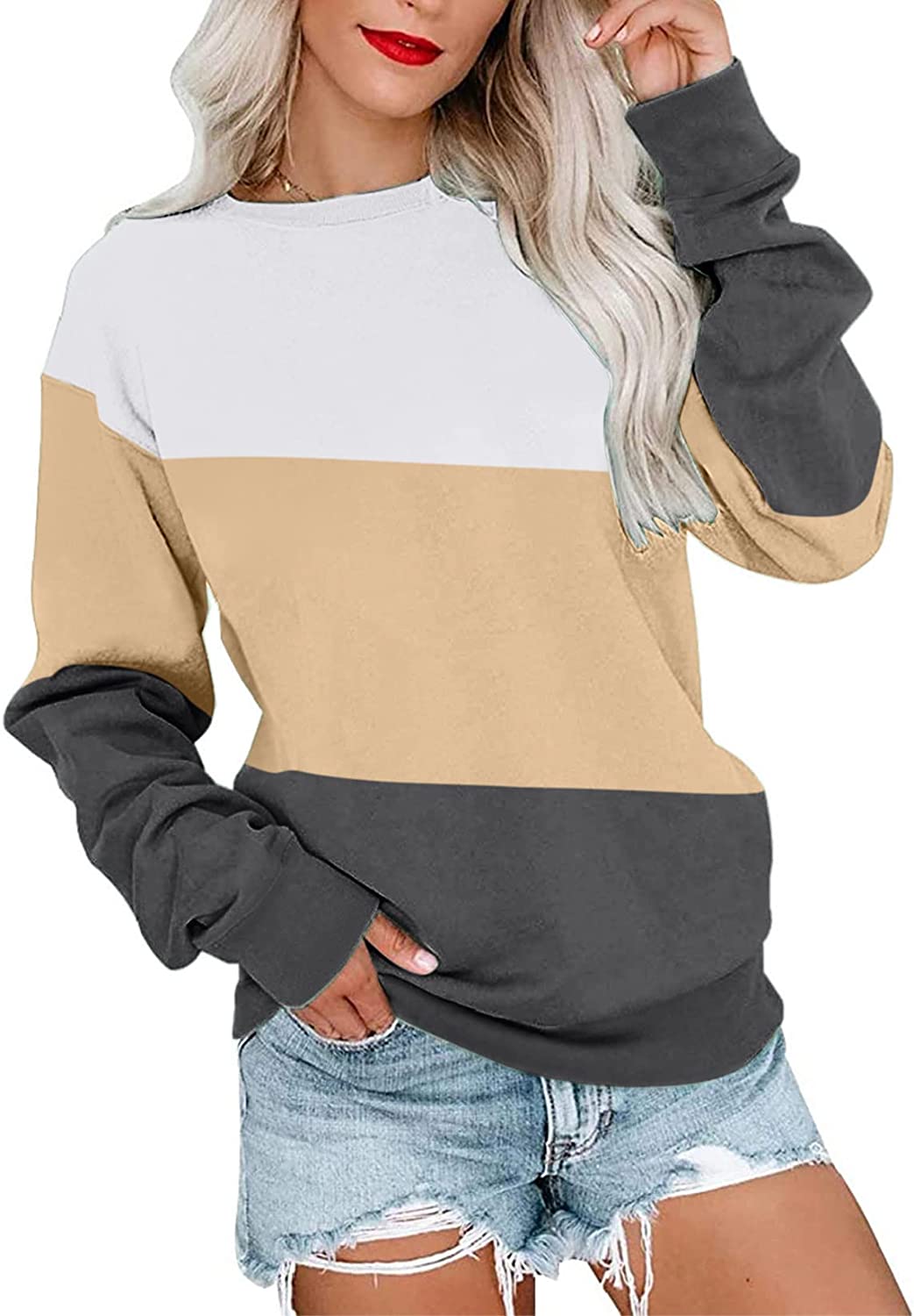 PGANDS Womens Crew Neck Color Block/Solid Sweatshirts Tops Long Sleeve Casual Pullover Cute Lightweight Loose Tops