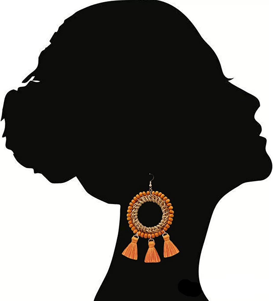 Bohemian Rattan Wooden Beads Fish Hook Circle/Teardrop Earrings Dangle Drop Jewelry for Women Girls