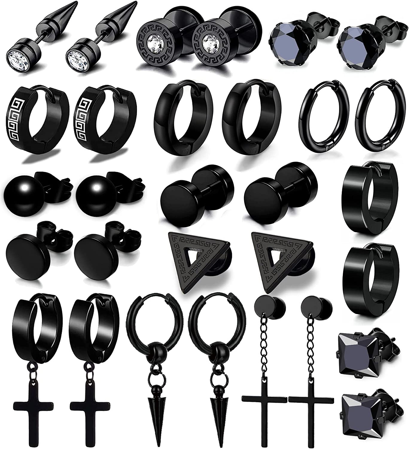 15 Pairs Earrings for Men, Black Stainless Steel Earrings Stud Kit for Men Women Fashion Piercing Jewelry Cross Dangle Hoop Earrings Set
