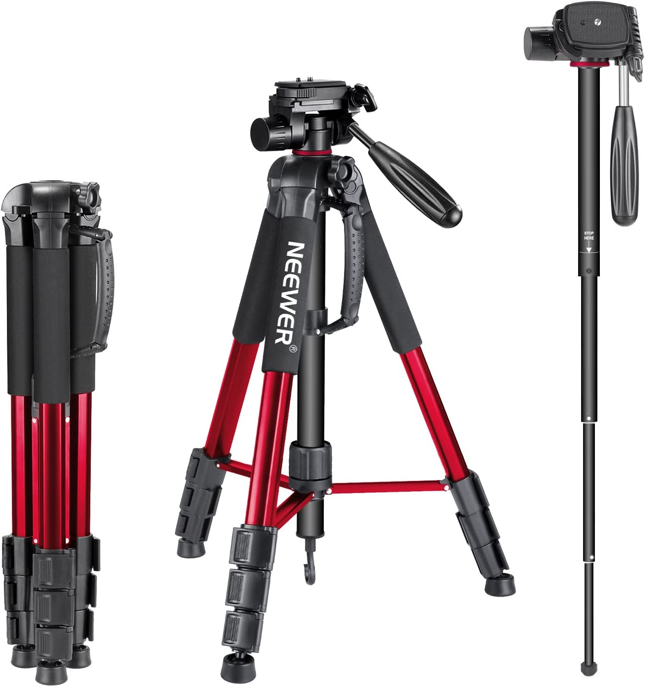 Neewer Portable 70 inches/177 centimeters Aluminum Alloy Camera Tripod Monopod with 3-Way Swivel Pan Head，Bag for DSLR Camera，DV Video Camcorder，Load up to 8.8 pounds/4 kilograms Red(SAB264)