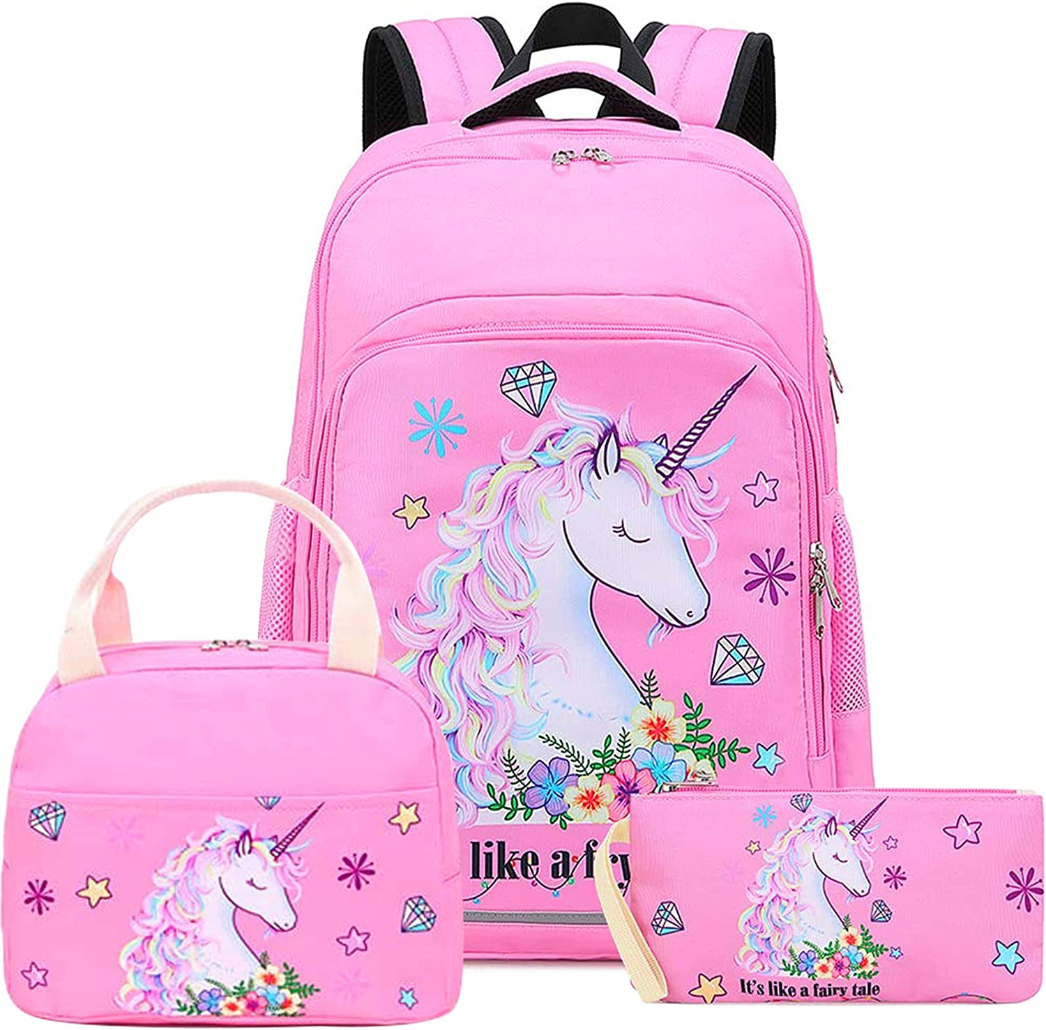 BTOOP Girls Backpack for Kids Elementary Bookbag Girly School Bag with Insulated Lunch Tote and Pencil Pouch for Children (Light Pink - 3 Pices)