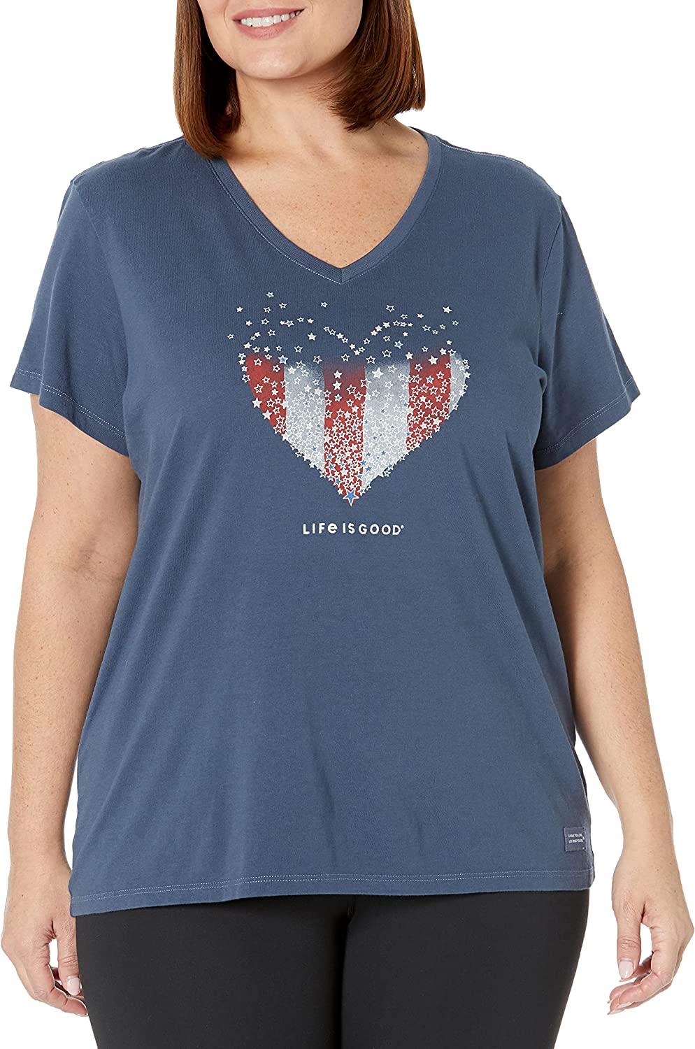 Life is Good Women's Patriotic Cotton Tee Short Sleeve Graphic V-Neck T-Shirt Heart Stars and Stripes