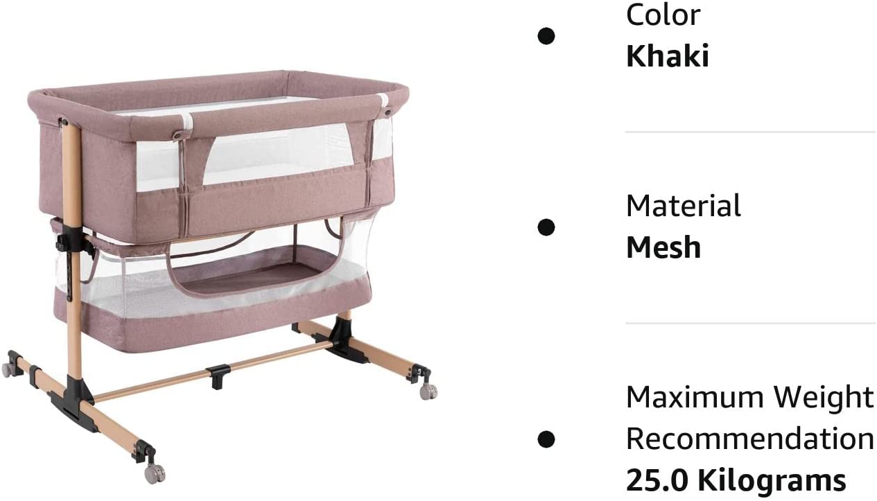 nordmiex 3 in 1 Baby Crib Bedside Crib,Baby Bassinet,Baby Bed Adjustable Portable Bed for Infant/Baby,Khaki