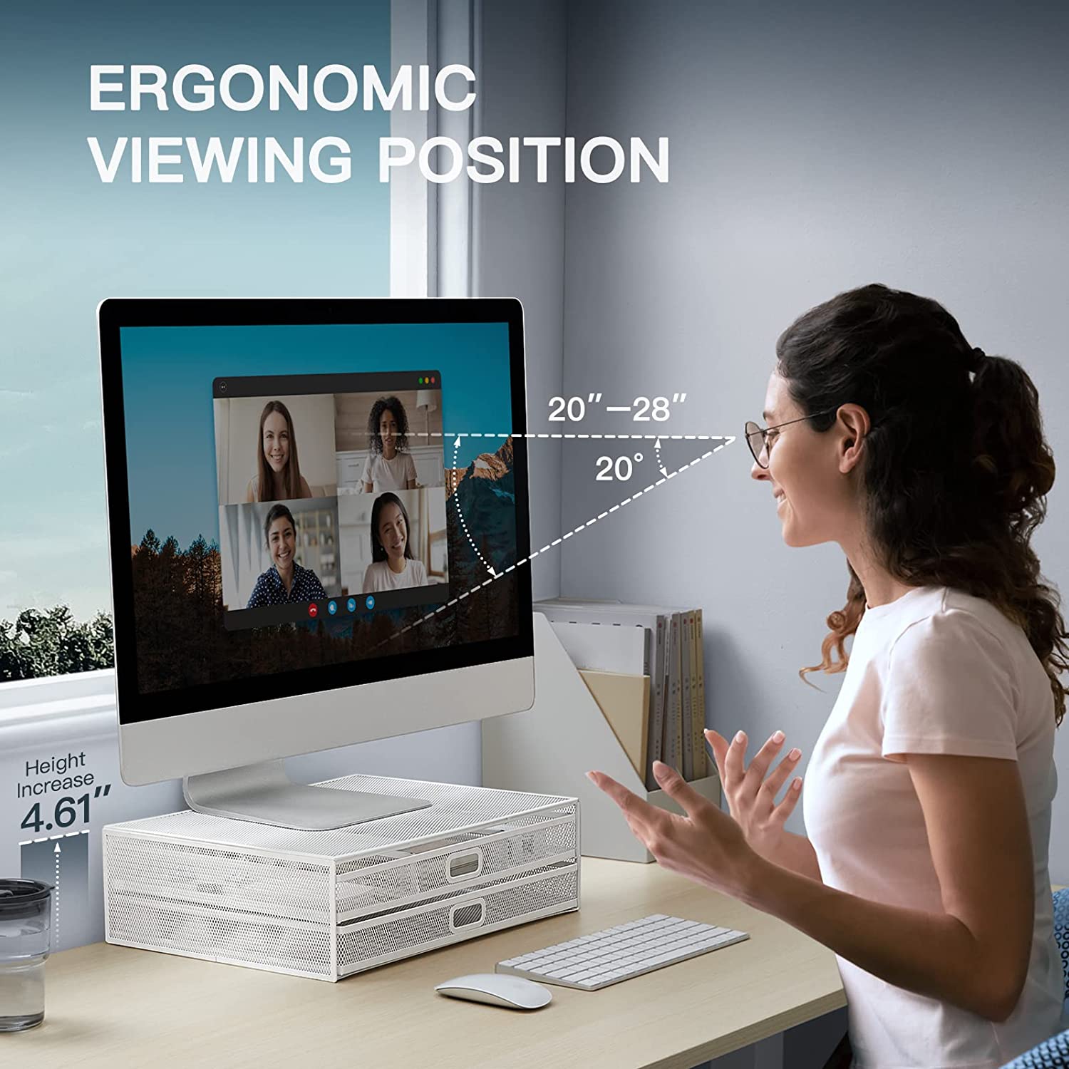 Monitor Stand with Drawer, Monitor Stand, Monitor Riser Mesh Metal, Desk Organizer, Monitor Stand with Storage, Desktop Computer Stand for PC, Laptop, Printer - HUANUO