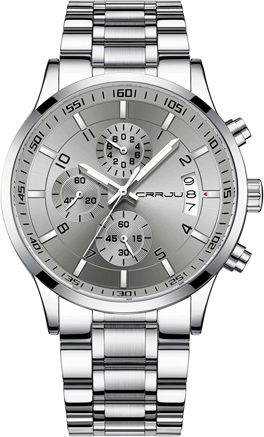 CRRJU Men's Fashion Stainless Steel Watches Date Waterproof Chronograph Wristwatches,Stainsteel Steel Band Waterproof Watch