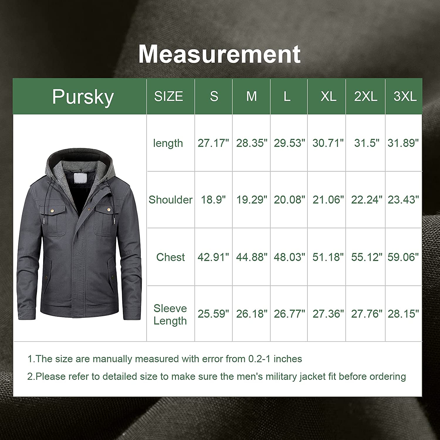Pursky Men's Military Jacket Casual Washed Cotton Hooded Canvas Coat Fall Coat