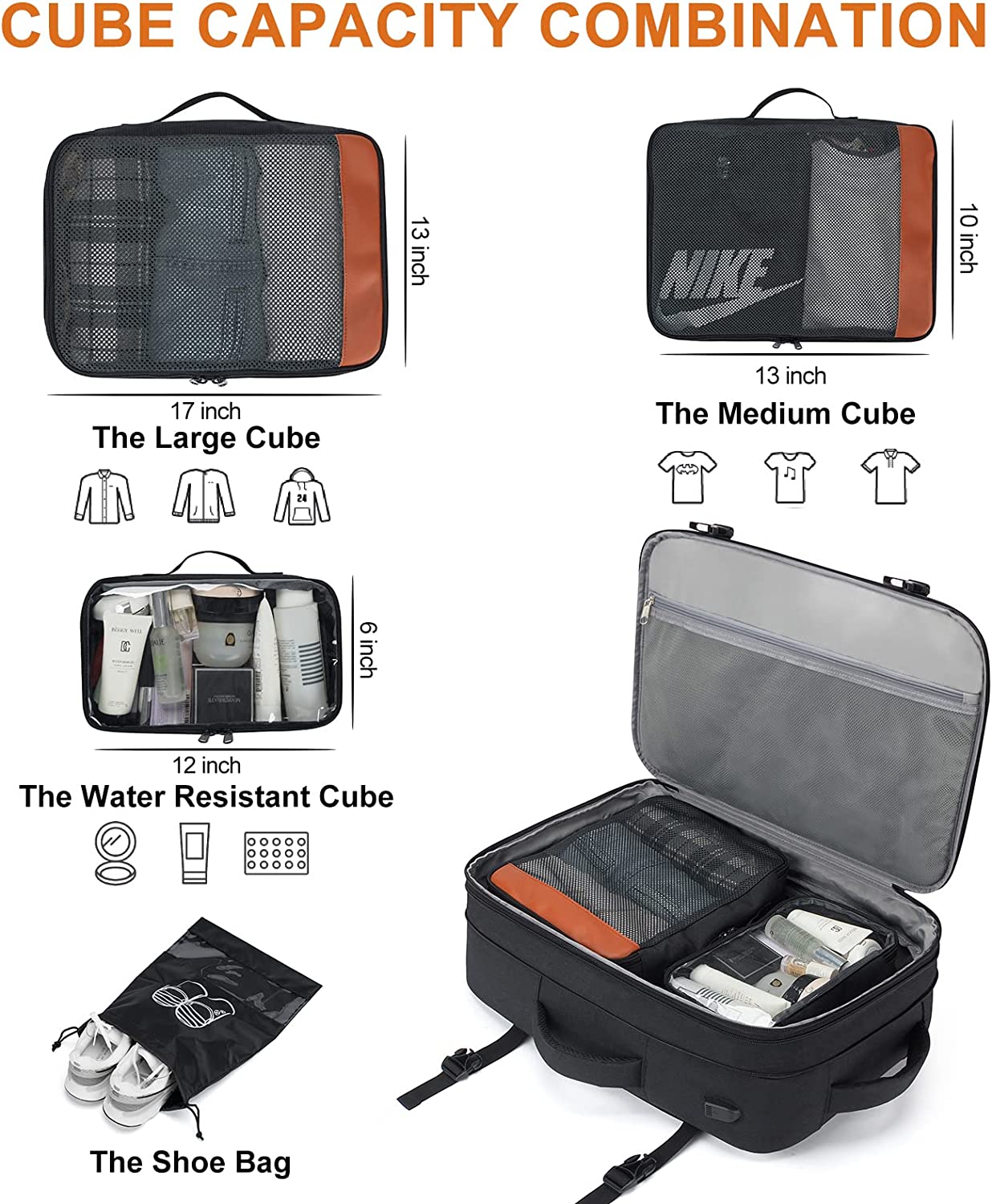 Carry on Backpack, Extra Large 40L Flight Approved Travel Backpack for Men & Women,Expandable Large Suitcase Backpacks With 4 Packing Cubes,Water Resistant Luggage Daypack Business Weekender Bag,Grey