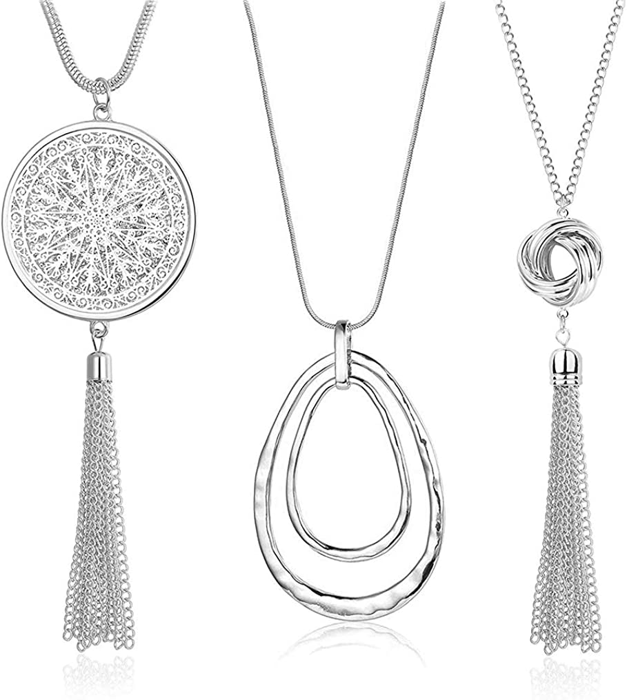 SEVENSTONE 3PCS Long Pendant Necklaces for Women Knot Disk Circle Tassel Statement Sweater Necklace Set