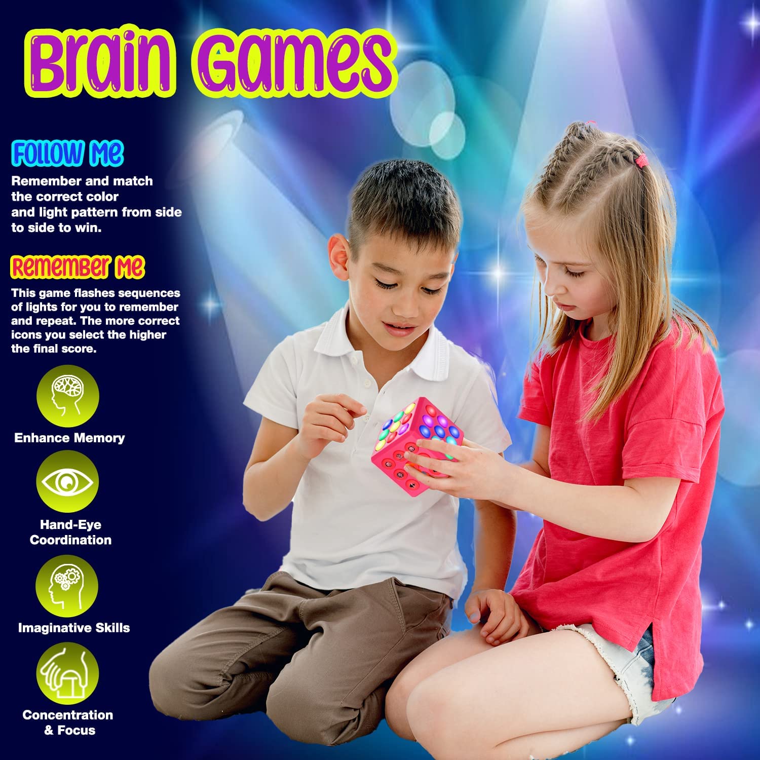 PlayRoute Brain & Memory Cube Toy | 5 Electronic Handheld Games for Kids | Gift Idea for Kids & Teens Boys & Girls Ages 6 7 8 9 10-12 Years Old & Up | Sensory Fidget Toy for Girls & Boys