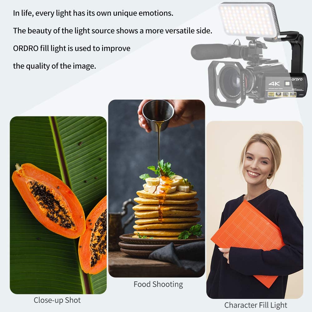 ORDRO 4K Camcorder Video Camera AC3 1080P 60FPS Vlog Camera IR Night Vision WiFi Camcorder with Microphone， Wide Angle Lens， LED Video Light， Handheld Holder， Storage Case and 64GB SD Card