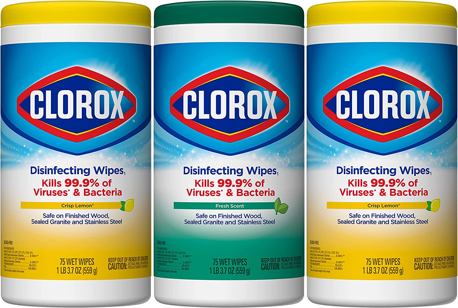 Clorox Disinfecting Wipes, Bleach Free Cleaning Wipes, Multi-surface Wipes, Fresh Scent & Crisp Lemon Value Pack, 75 Wipes (Pack of 3) - Packaging May Vary