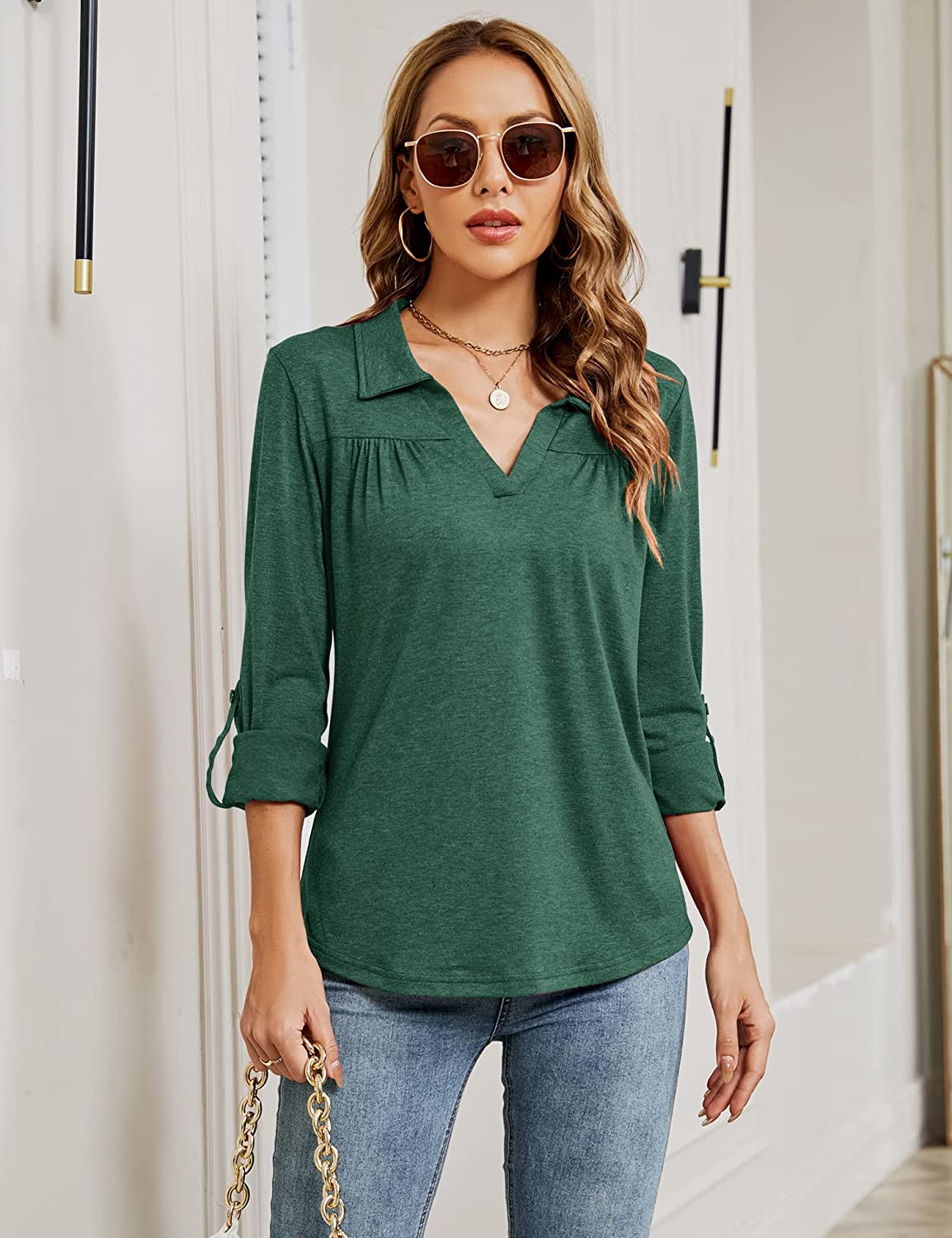 Micoson Womens Polo Shirts V Neck Short Sleeve Collared Tops Pleated T Shirts Casual Tunic Blouse S-XXL