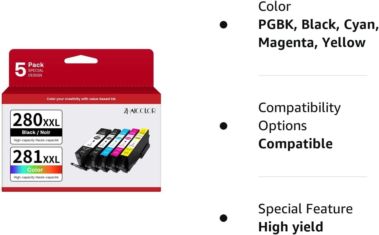 PGI-280XXL/CLI-281XXL Compatible Ink Cartridge Replacement for Canon Ink 280 and 281 Cartridge High Yield Use to PIXMA TR7520 TR8520 TR8500 TR8600 TR8620 TS6120 TS6220 TS9120 (5 Value Pack)