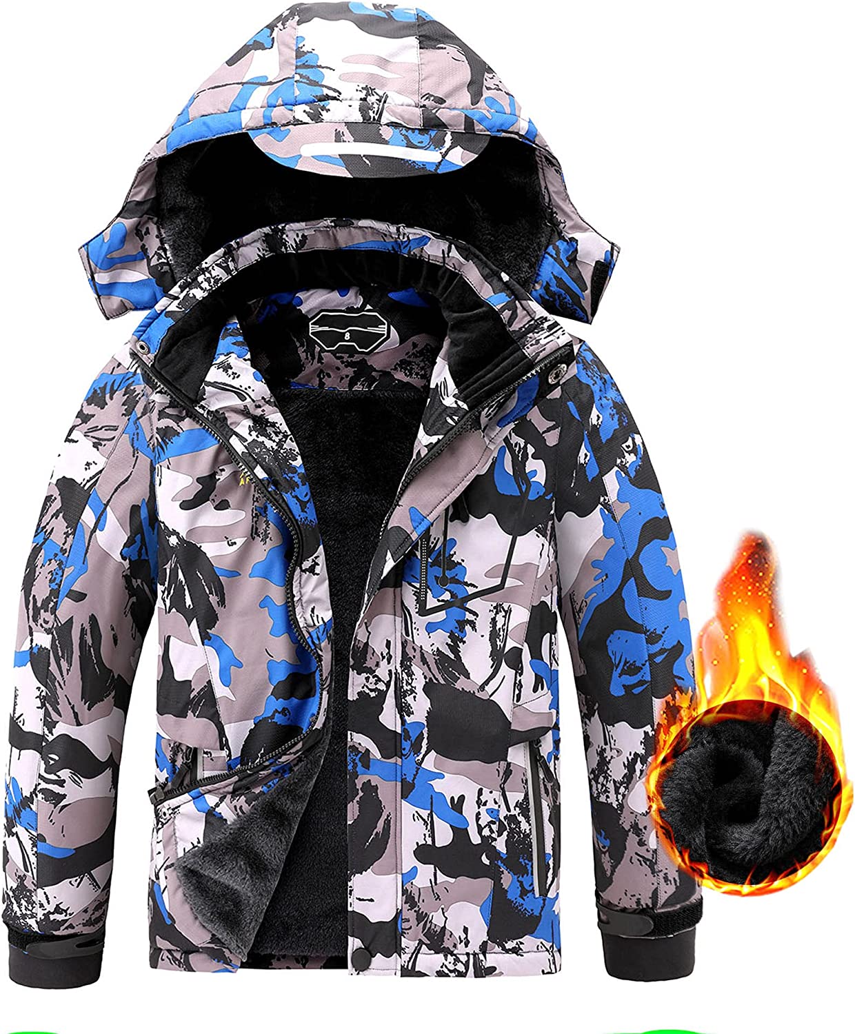 AFILOK Boy's Ski Jacket Waterproof Breathable Kids Fleece Lined Windproof Hooded Snowboard Coats
