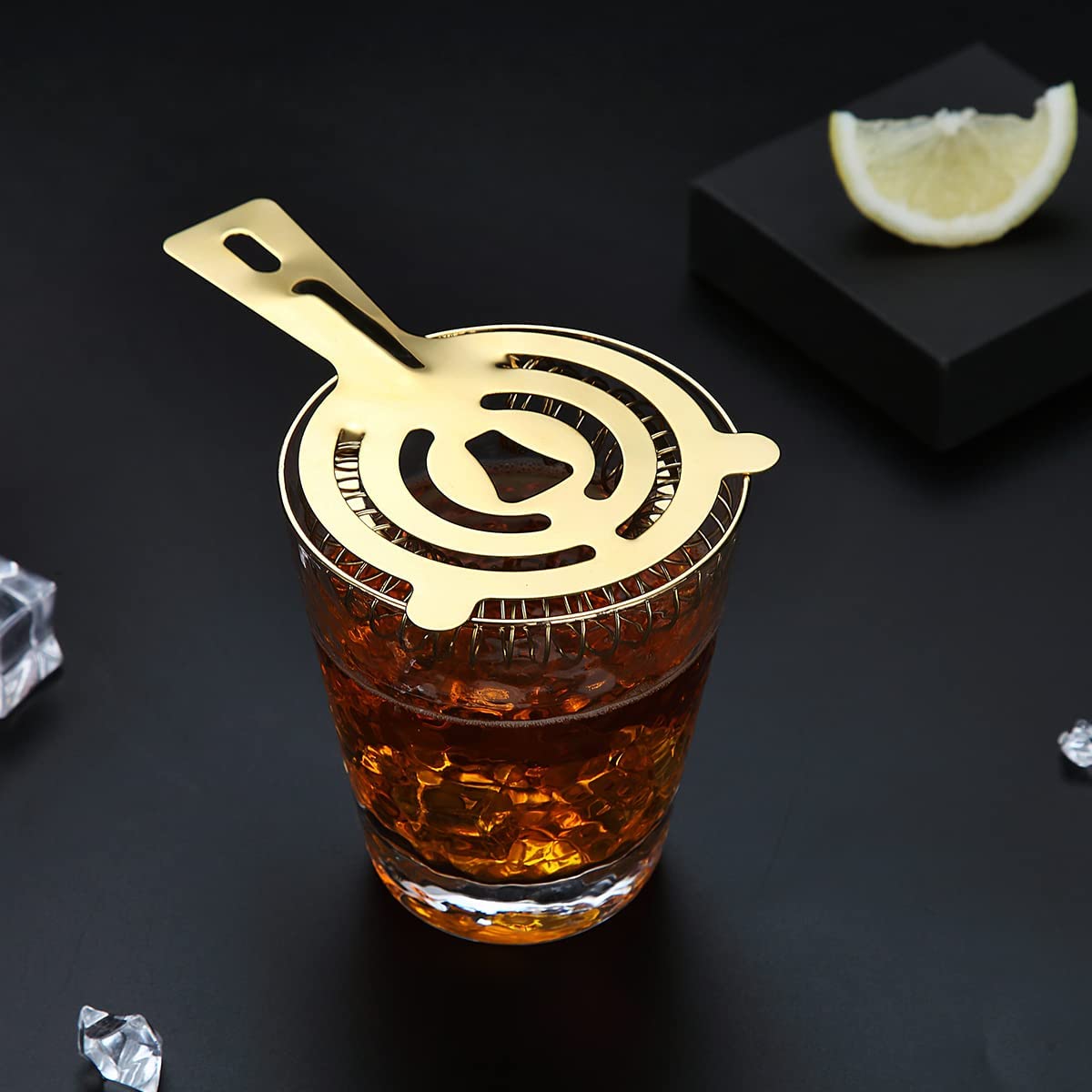 Evanda Cocktail Strainer, Stainless Stee Cocktail Bar Strainer Drink Strainer, Bar Strainer Cocktail w/ High Density Spring, Ice Bar Shelf Strainer for Bartenders Drinking Water Filtering(Gold)