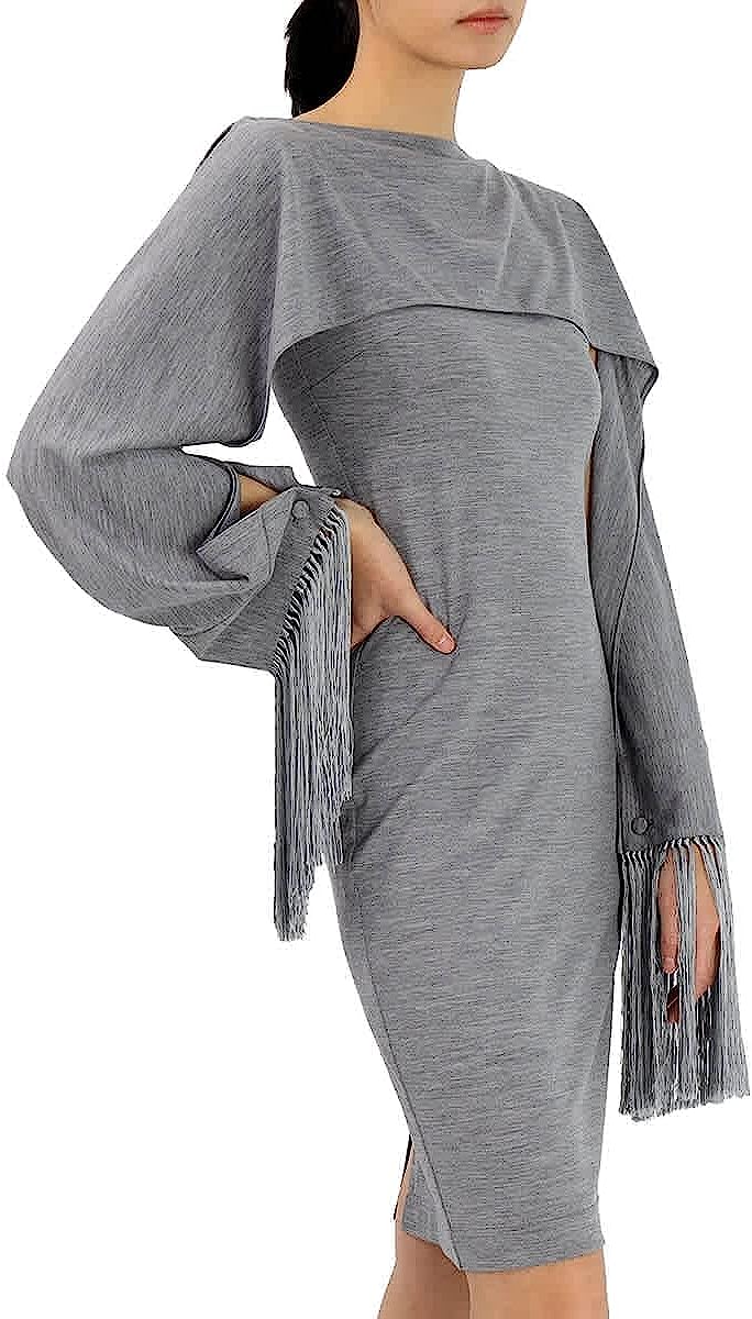 BURBERRY Cloud Grey Merino Wool Sleeveless Dress with Fringed Capelet, Brand Size 6 (US Size 4)