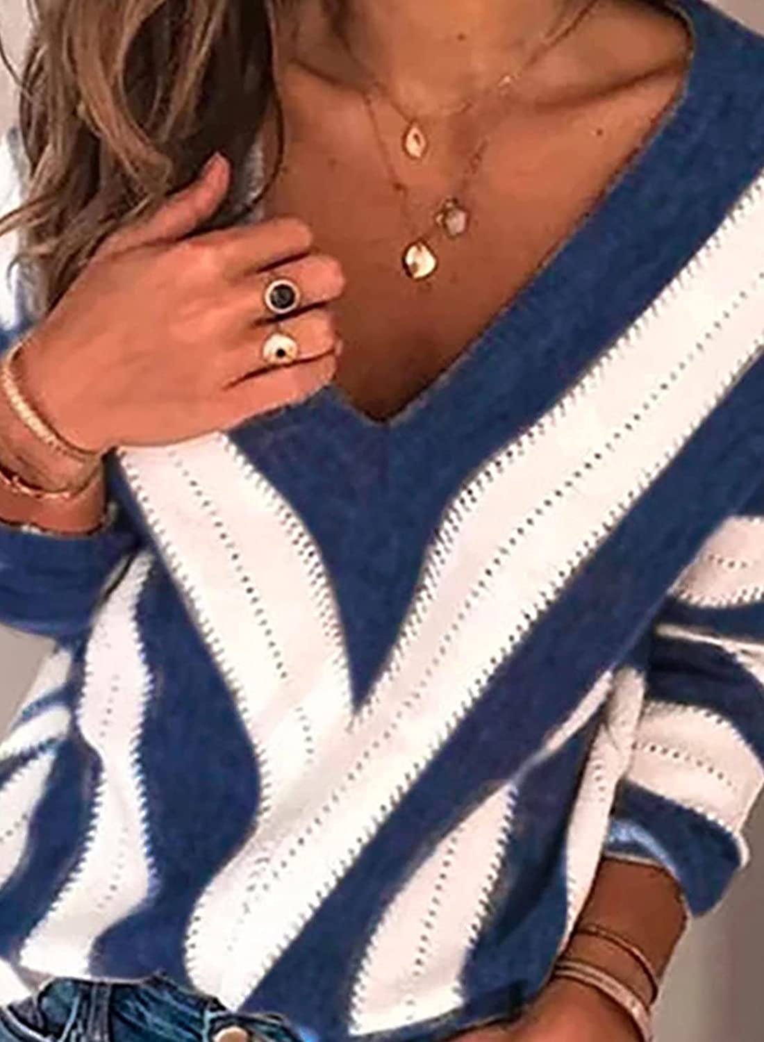 Elapsy Womens Color Block Striped V Neck Sweater Long Sleeve Pullover Knitted Sweater XS-2XL