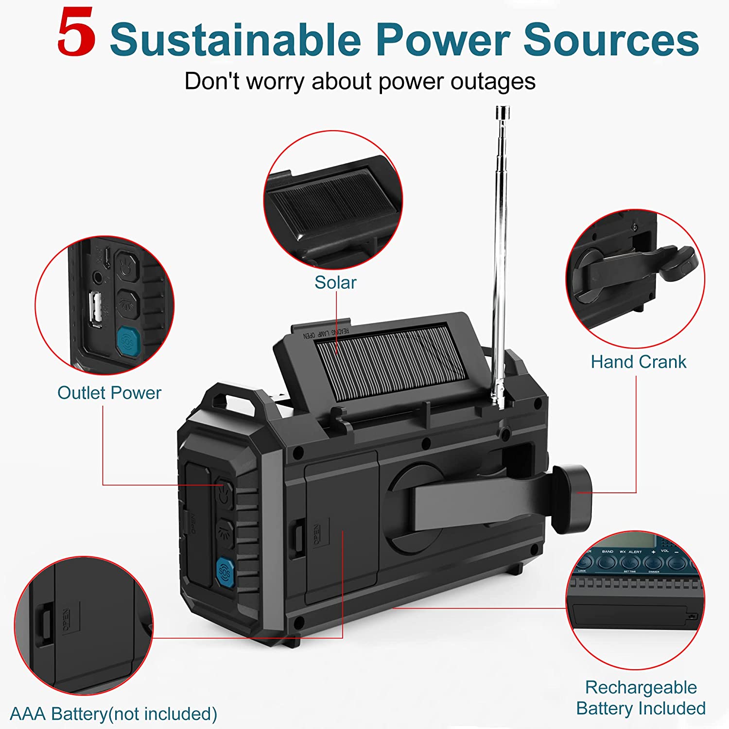 AUTO NOAA Alert Emergency Radio,Portable Solar Hand Crank AM FM Shortwave Weather Radio for Survival,Battery Operated Radio with Camping Flashlight,Reading Lamp,USB Charger,SOS Alarm,Clock,LCD Display