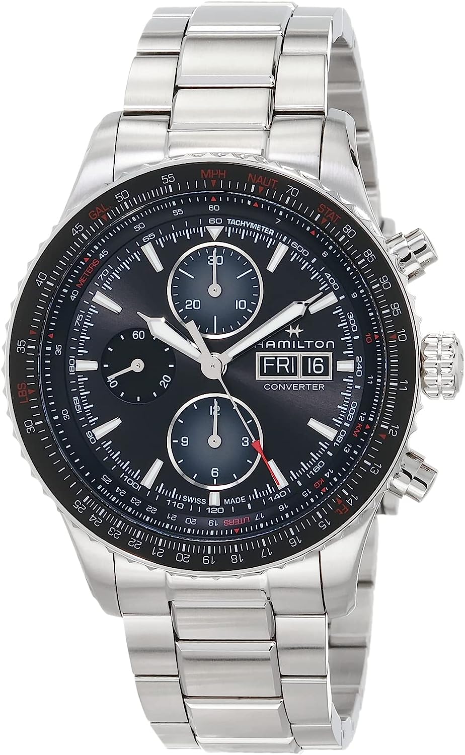 Hamilton Watch Khaki Aviation Converter Swiss Automatic Chronograph Watch 44mm Case, Black Dial, Silver Stainless Steel Bracelet (Model: H76726130)
