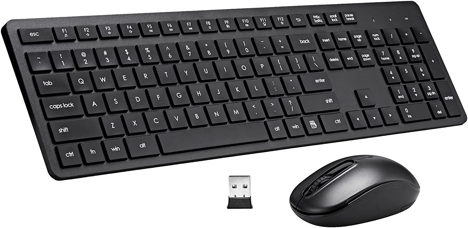 Wireless Keyboard and Mouse Combo, 2.4G Silent Cordless Wireless Keyboard Mouse Combo for Windows Chrome Laptop Computer PC Desktop, 106 Keys Full Size with Number Pad, 1600 DPI Optical Mouse (Black)