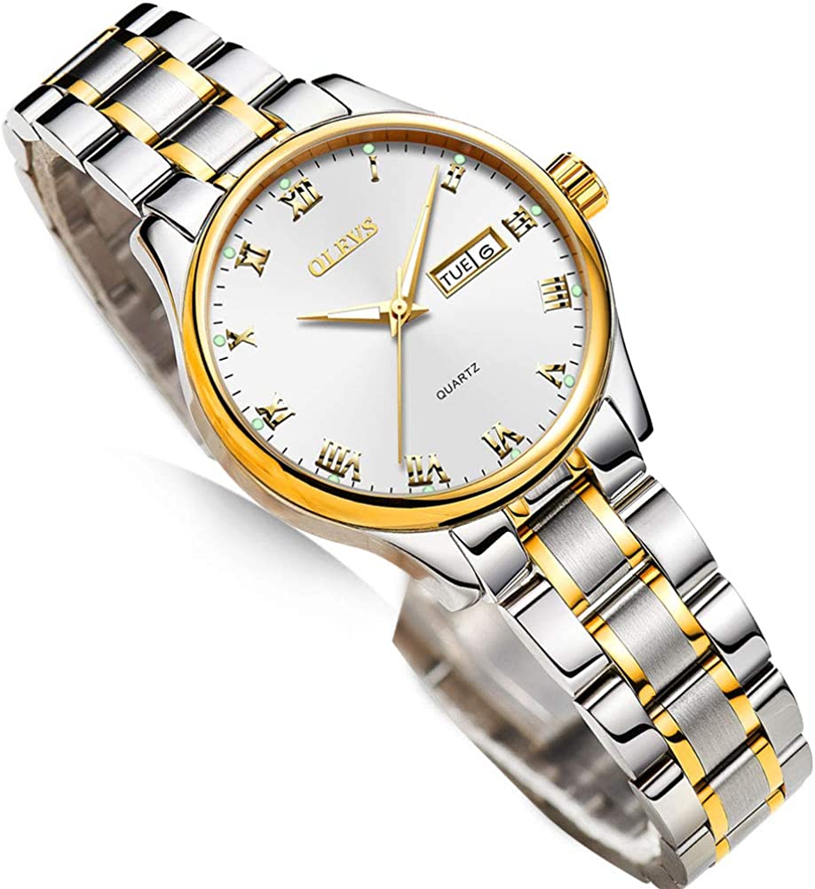 Business Women Watches Day Date,Woman Watches with Silver Gold Stainless Steel,Fashion Luminous Ladies Watches with Black/White Dial,Roman Numeral Womens Watches,Small Face Waterproof Ladies Watches
