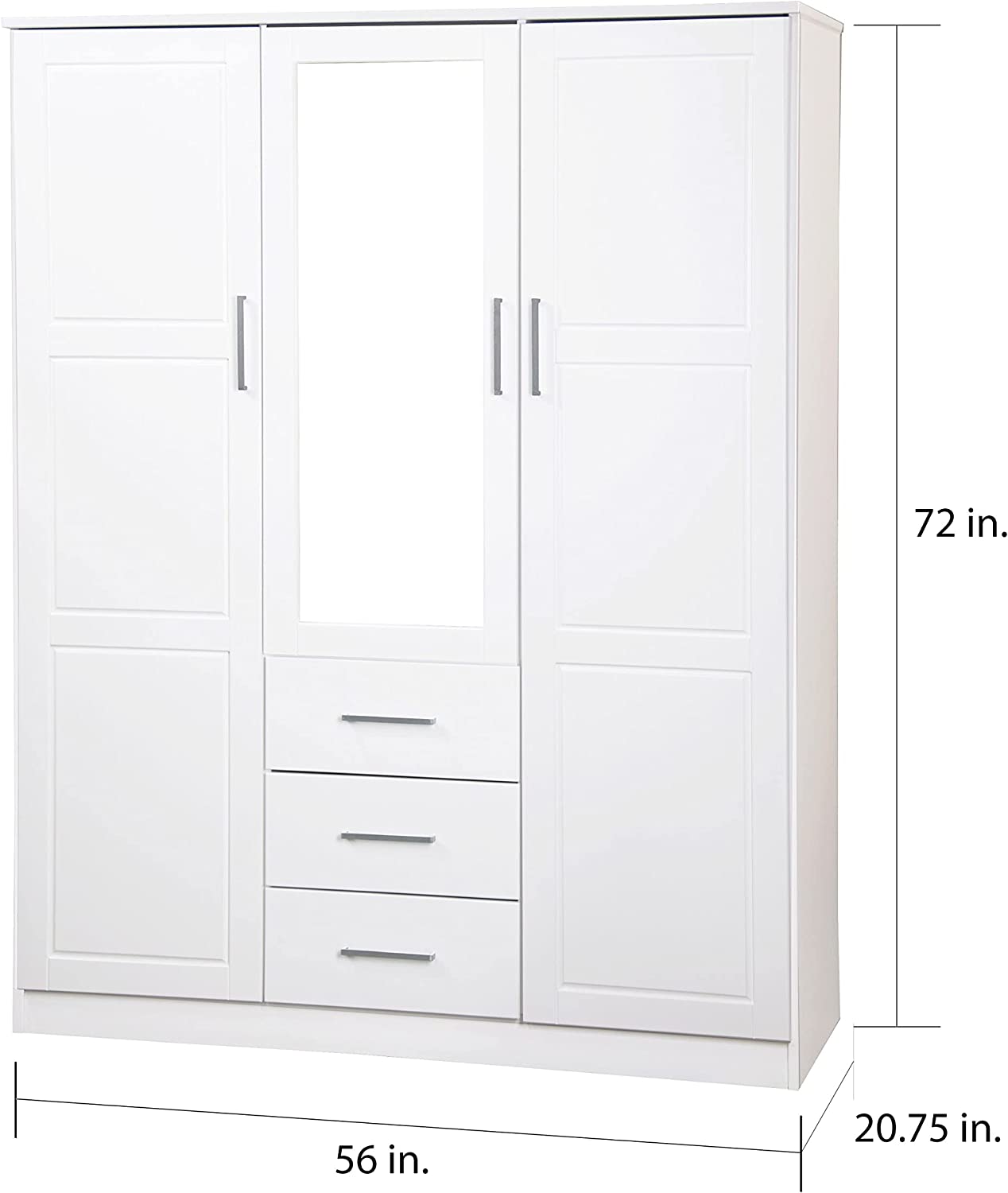 Palace Imports Cosmo Solid Wood 3-Door Wardrobe with Mirror and 3 Drawers, White. Additional Shelves Sold Separately.