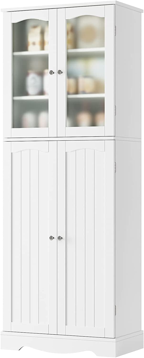 HORSTORS 64&#34; Kitchen Pantry Cabinet， Modern Tall Cabinet with Glass Doors and Adjustable Shelves， Freestanding Utility Storage Cabinet Cupboard for Kitchen， Living Room， Dining Room， White