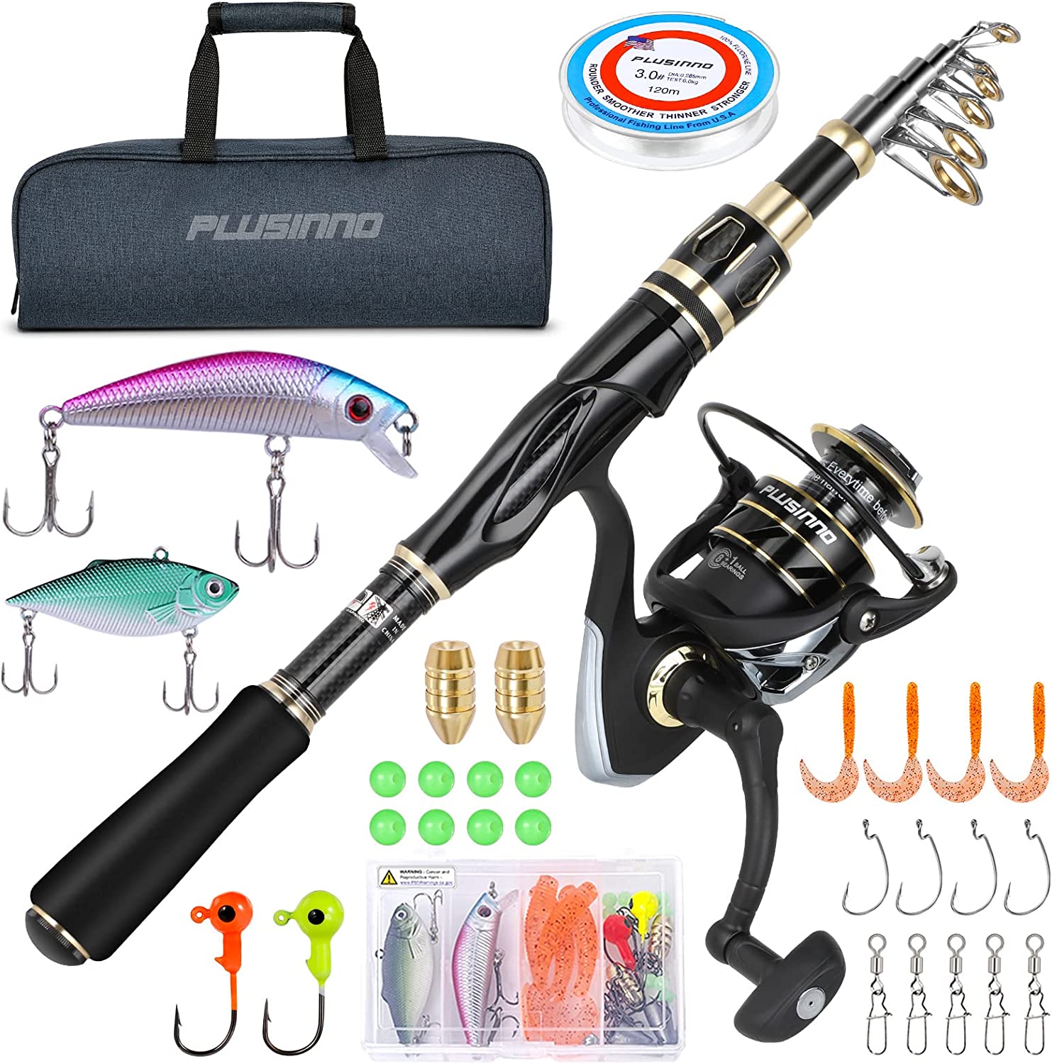 PLUSINNO Fishing Rod and Reel Combos Set,Telescopic Fishing Pole with Spinning Reels, Carbon Fiber Fishing Rod for Travel Saltwater Freshwater Fishing…