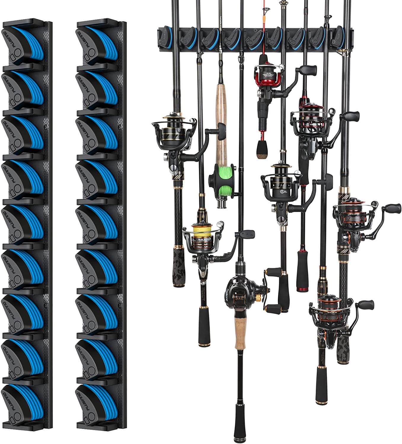 PLUSINNO 2 pack Vertical Fishing Rod rack, Wall Mounted Fishing Rod holder, 2 Packs Fishing Pole Holders Hold Up to 18 Rods or Combos, Fishing rod holders for garage, Fits Most Rods of Diameter 3-19mm