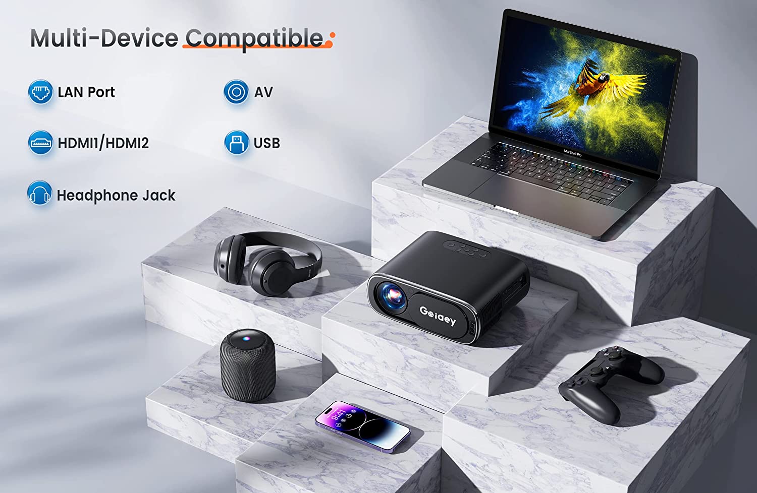 Auto Focus - Projector 5G WiFi Bluetooth with 100'' Screen - Goiaey 480 ANSI 18000L Native 1080P Portable Outdoor Movie Projector 4K Support, Auto 6D Keystone, Video Projector for iOS/Android/TV/PS5