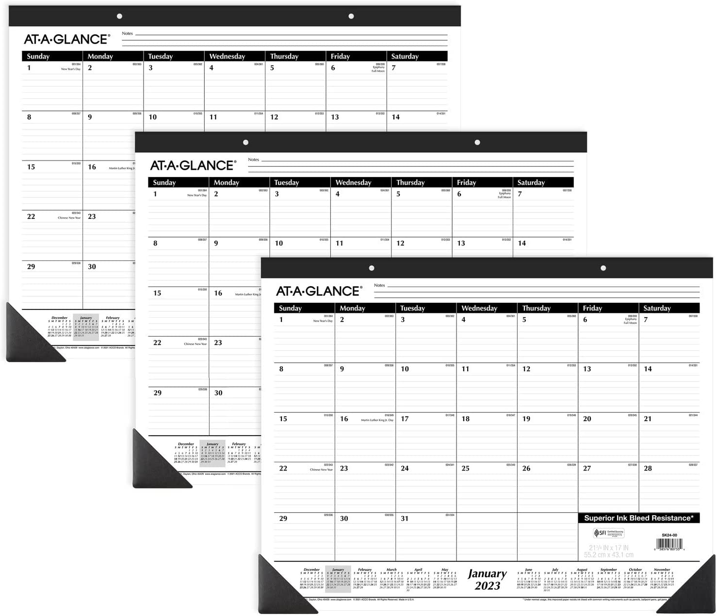AT-A-GLANCE Desk Calendar 2023, Office Desk Pads, Monthly, 21-3/4" x 17", Large, Ruled Blocks, 3 Pack (AZSK2400)