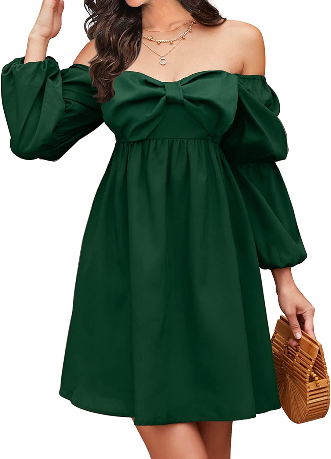 EXLURA Womens Summer Casual Wedding Guest Dress Square Bow Neck Long Puff Sleeve Dress Empire Waist Babydoll Mini Dress