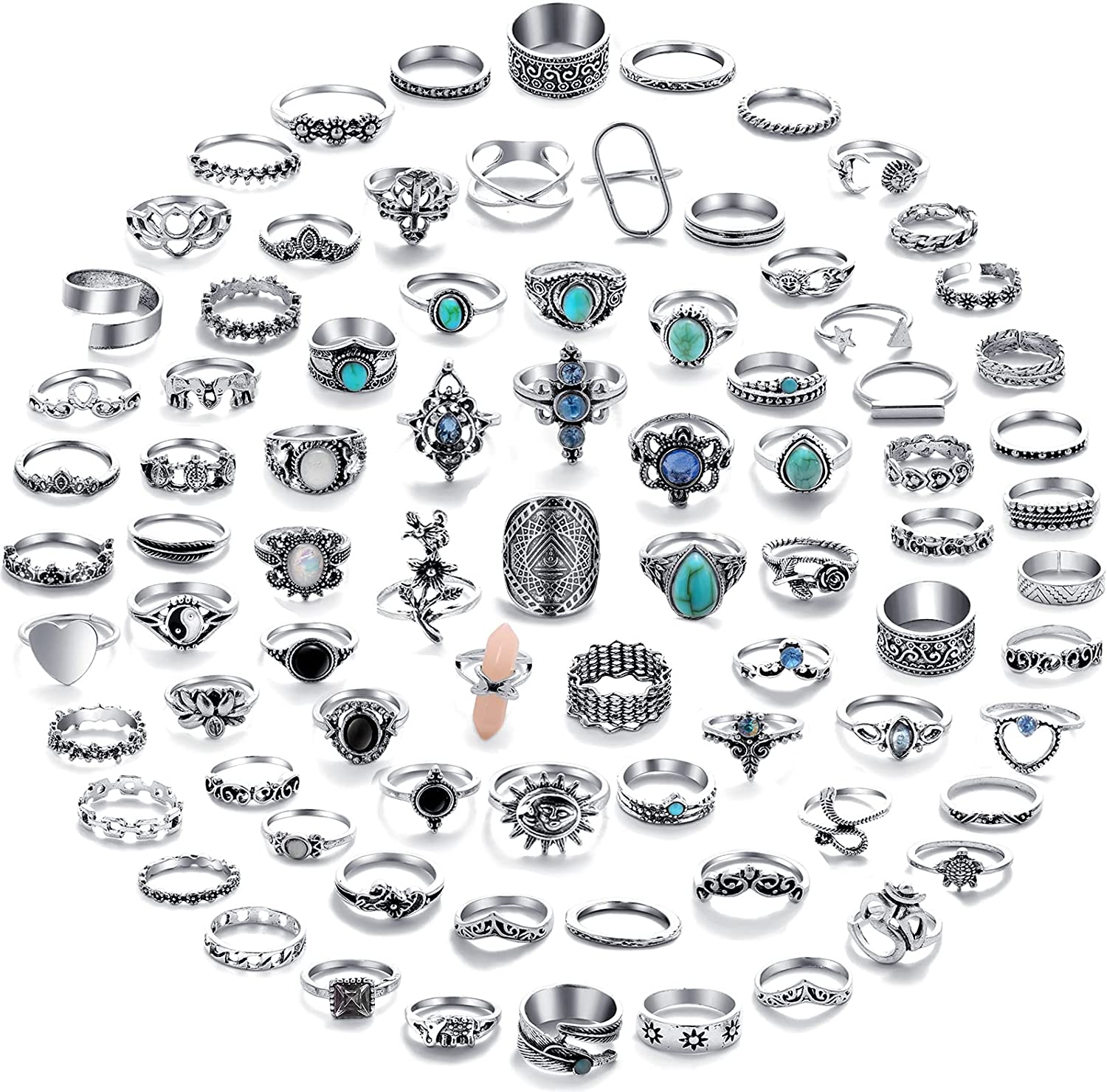 17 MILE 82 Pcs Vintage Silver Knuckle Rings Set for Women, Bohemian Stackable Joint Finger Rings, Retro Stone Crystal Stacking Midi Rings Pack