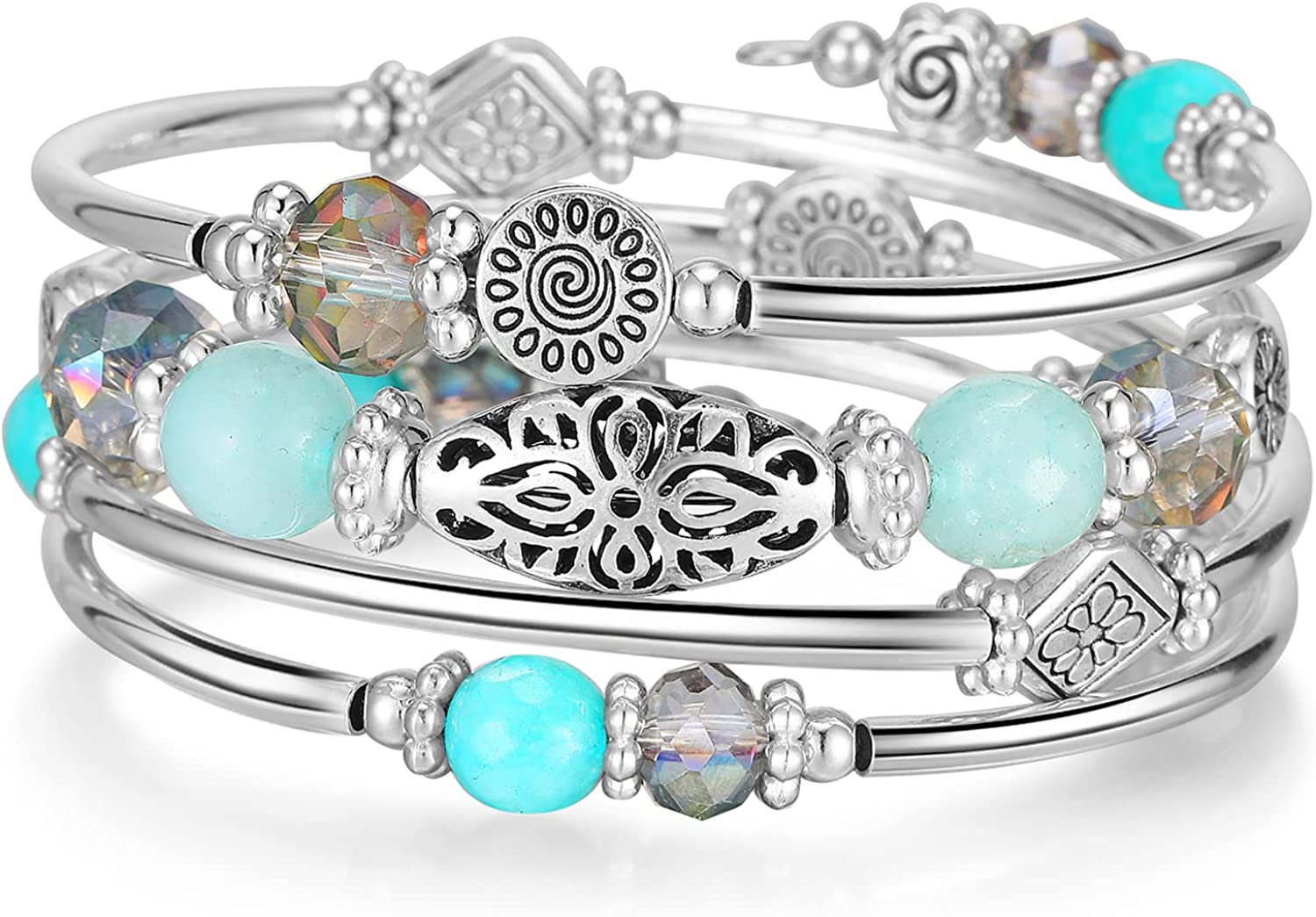 FULU AUTUMN Stackable Beaded Bracelets for Women Boho Wrap Silver Bracelet Layered Fashion Jewelry Gifts for Her