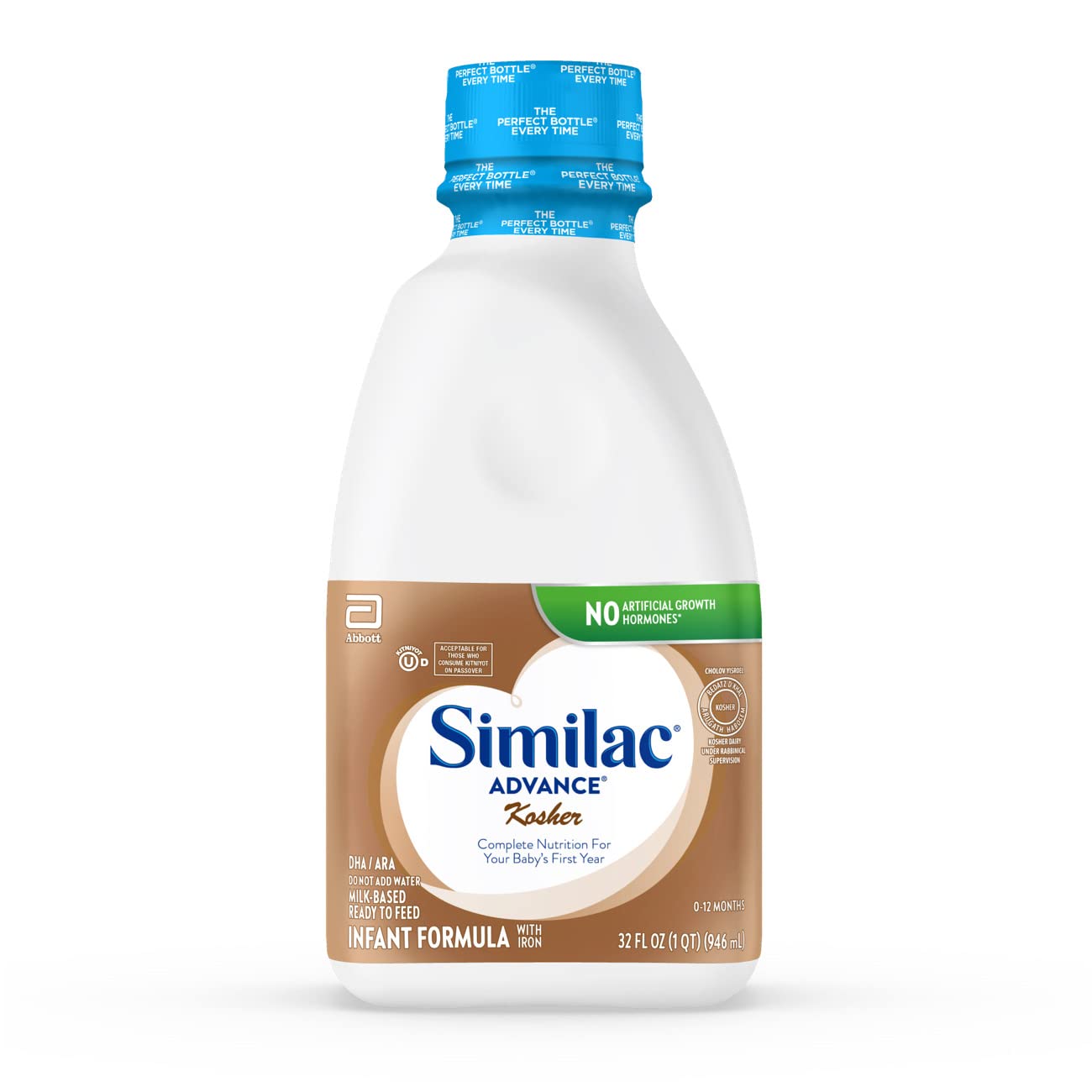 Similac Advance Kosher Infant Formula with Iron, 32 Fl OZ (2 Pack) Milk Based, Ready To Feed, Resealable Bottle, Cholov Yisroel, (0-12 Months)
