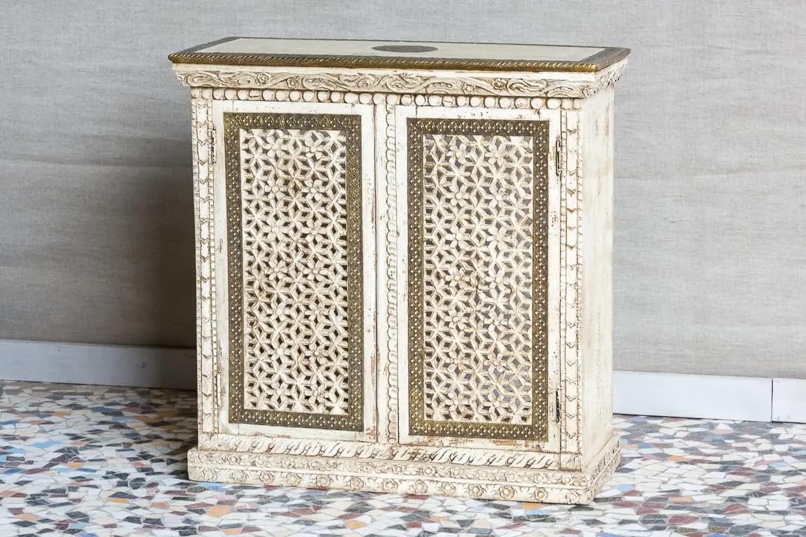 Antique Indian Brass Work Hand Carved Solid Wooden Cabinet Whitewash, Cabinet Storage Units Indian Solid Wood,Living Room Bedroom Furniture,Modern Cabinet