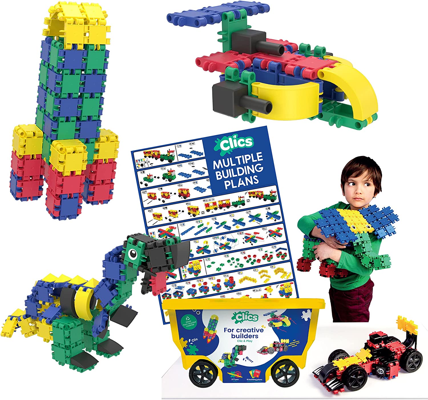 Clics Basic Set of 377 Pieces, Construction Toys for 3 Year Old Boys and Girls, rollerbox of Blocks to Learn Shapes and Colors, Educational STEM Toys. No BPA, PVC. Dishwasher Safe, Recycled Plastic.
