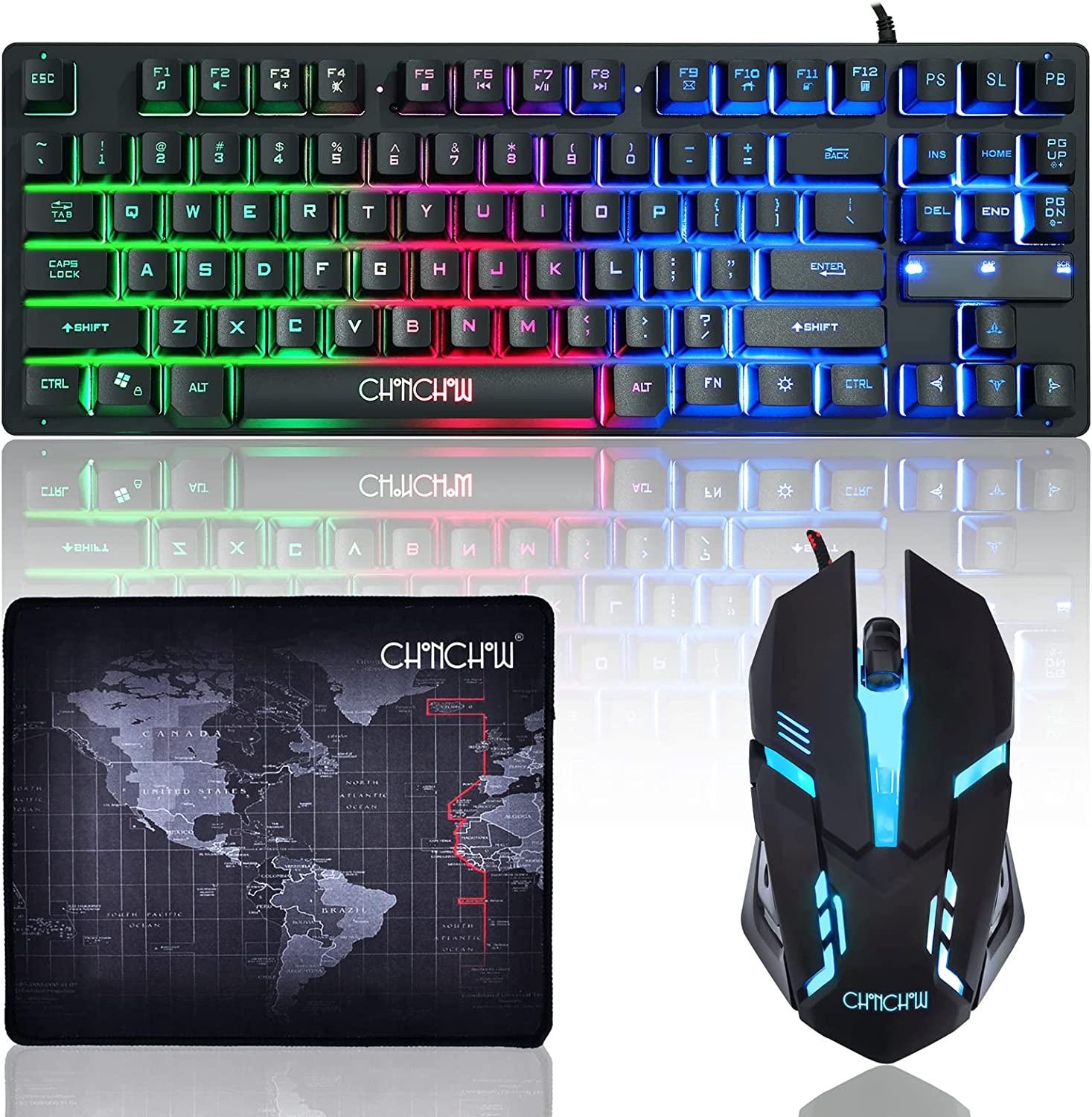 RGB Gaming Mouse and Keyboard, CHONCHOW 87 Keys TKL Gaming Keyboard and Mouse Combo, Wired LED Rainbow Backlit Keyboard 800-3200 DPI RGB Mouse, Keyboard and Mouse Gaming for PS4 Xbox PC Laptop Mac