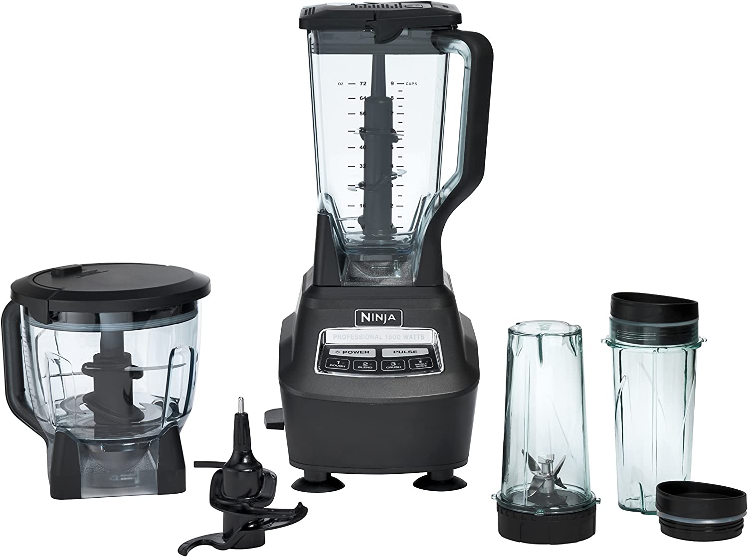 Ninja BL770 Mega Kitchen System, 1500W, 4 Functions for Smoothies, Processing, Dough, Drinks & More, with 72-oz.* Blender Pitcher, 64-oz. Processor Bowl, (2) 16-oz. To-Go Cups & (2) Lids, Black