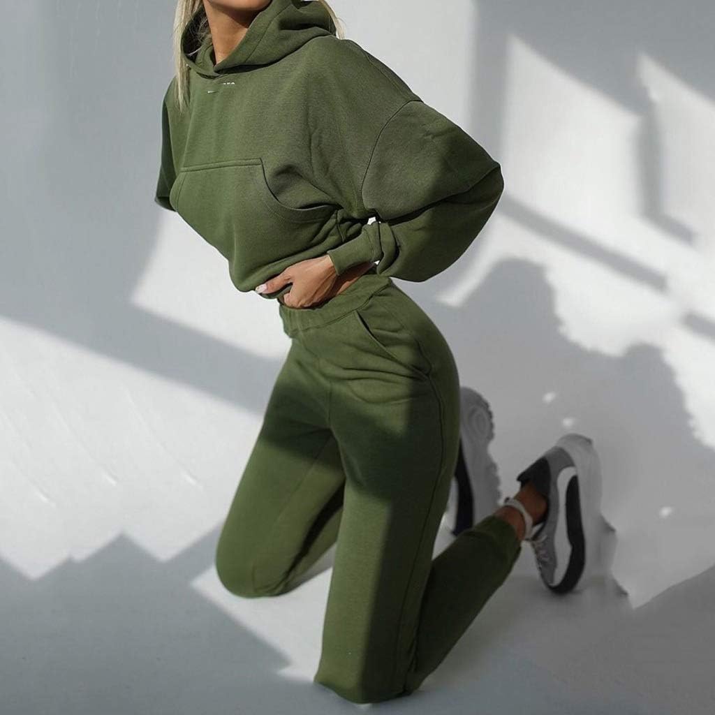 YUTRD ZCJUX 2pcs Long Sleeve Crop Top Hoodies Women Two Piece Outfits Stacked Pants Fashion Clothing Set Tracksuit (Color : B, Size : Medium)