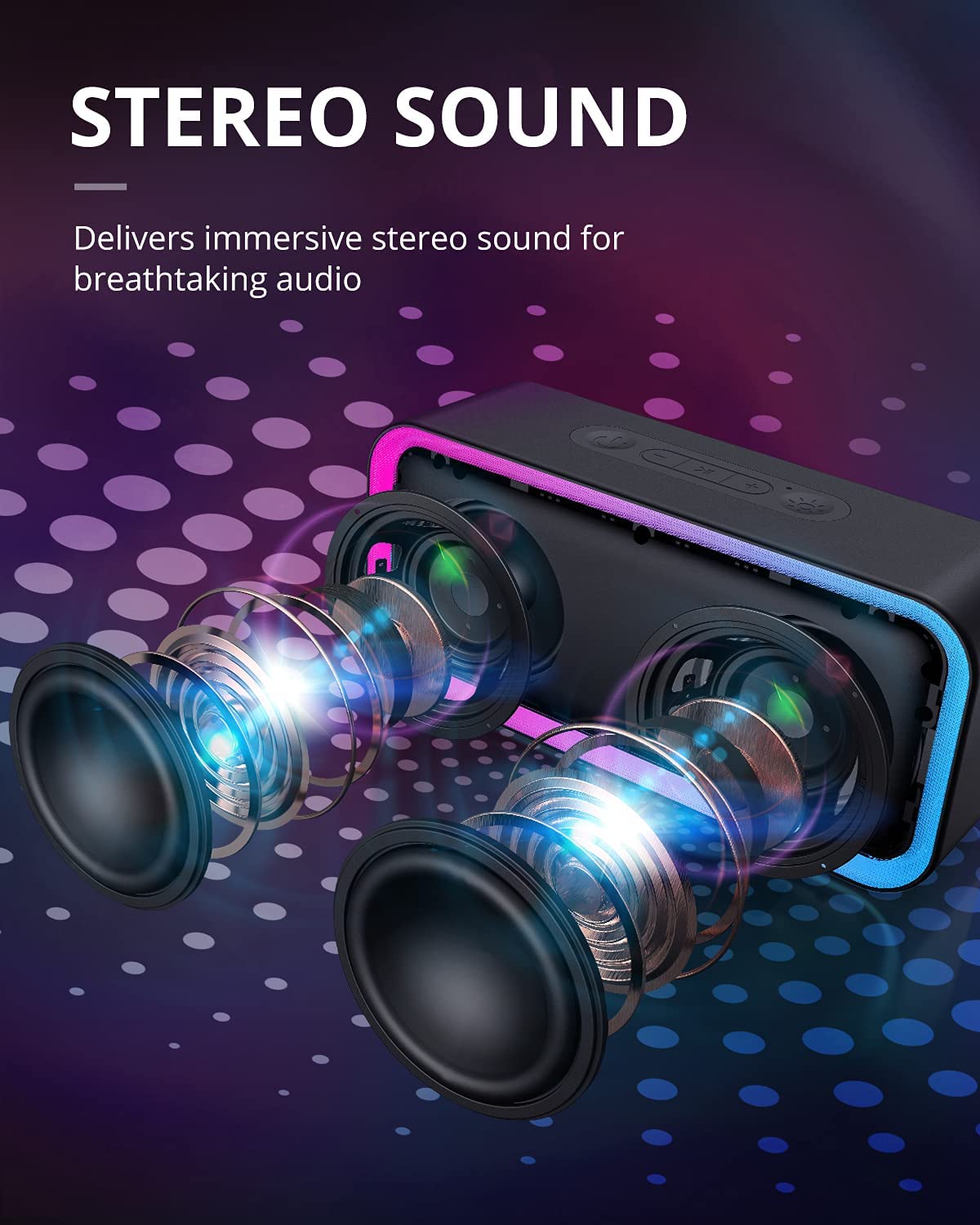 Kunodi Bluetooth Speaker, Bluetooth 5.0 Wireless Portable Speaker with 10W Stereo Sound, Party Speakers with Ambient RGB Light,18-Hour Playtime,IPX5 Waterproof Speakers for Outdoors, Travel（Black