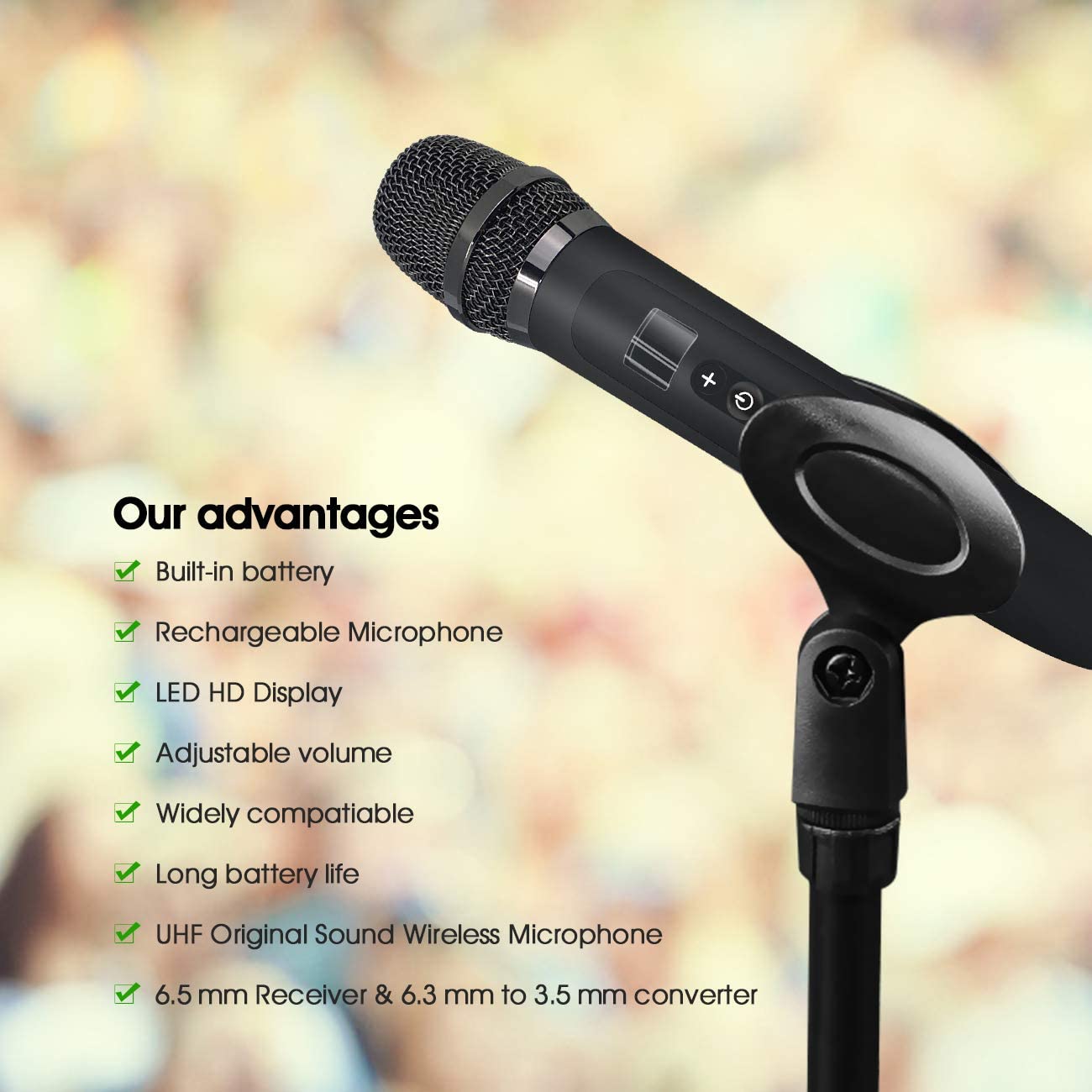 Rechargeable Wireless Microphone, UHF Dual Wireless Handheld Dynamic Micphone with Rechargeable Wireless Receiver for Voice Amplifier Karaoke Singing Wedding PA System Party Speech Class Speech