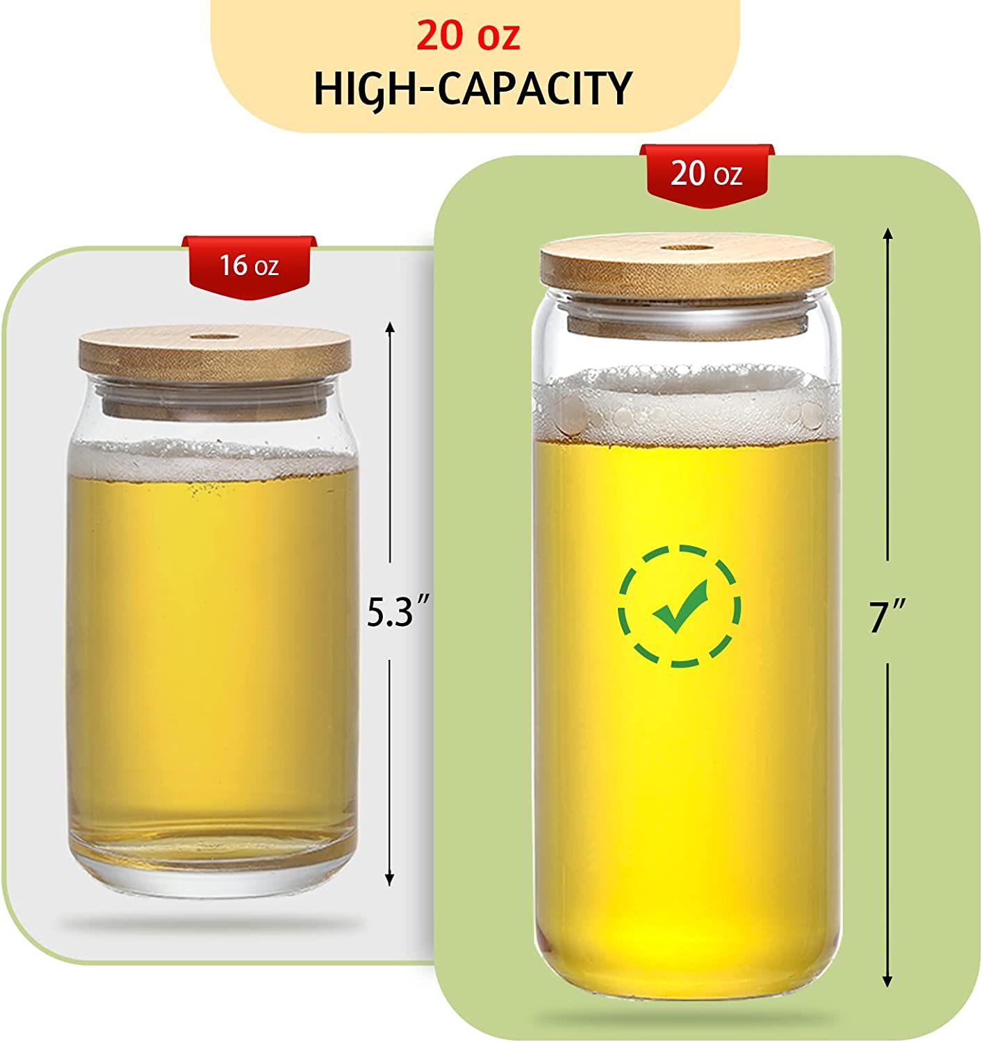 20 OZ Glass Cups with Bamboo Lids and Glass Straw - 4pcs Set Beer Can Shaped Drinking Glasses, Iced Coffee Glasses, Cute Tumbler Cup for Smoothie, Boba Tea, Whiskey, Water - 2 Cleaning Brushes