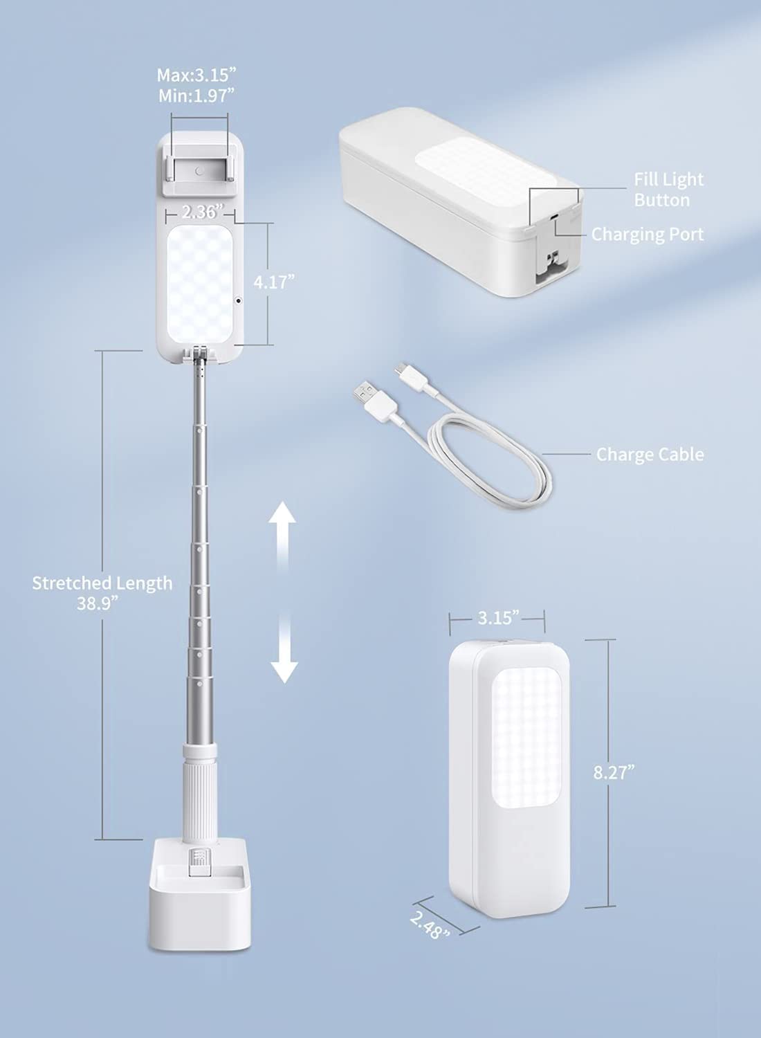 yAyusi Phone Stand for Recording，360° Rotation with Selfie Stands and Phone Holders，Overhead Phone Mount，1000mAh Battery Operated 7 Brightness LED Light for Live Streaming/Video Recording (White)